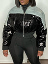 Denim-Combo Faux-Leather Puffer Coat
