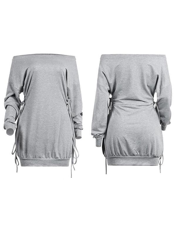 Off Shoulder Lace-Up Sweatshirt Dress (4 Colors)